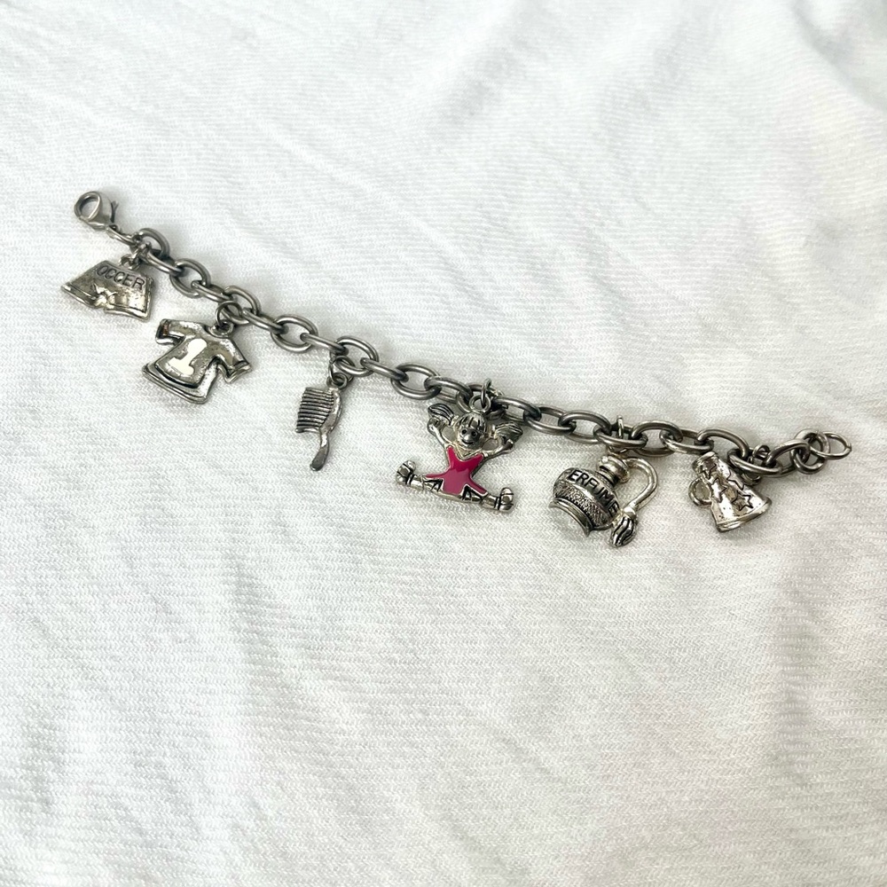 Vintage Kids Silver Toned Charm Bracelet. Soccer, Cheer, Perfume, Brush, Etc